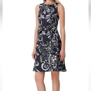 NWT Tahari navy silver paisley jacquard bow front sleeveless dress